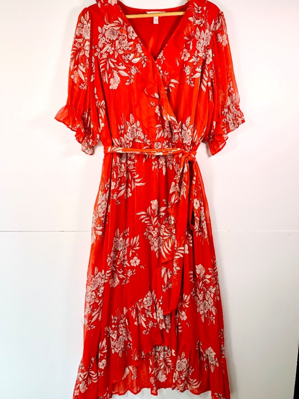 Lauren Conrad red floral wrap maxi dress v-neck short flutter sleeve romantic